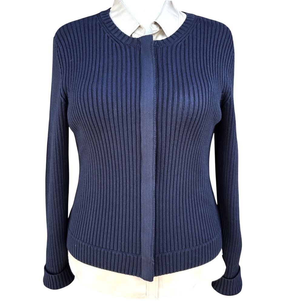 Tommy Hilfiger Cardigan Womens XL Navy Blue Ribbed Zip Front Cotton Preppy Y2K - Picture 2 of 10